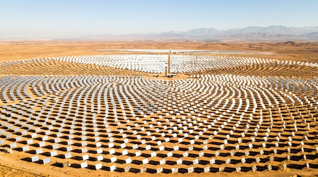Aerial View of Massive Concentrated Solar Power Plant Station in Desert Landscape