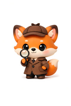 Cute 3D claymation chibi baby fox detective holding a magnifying glass on a white background