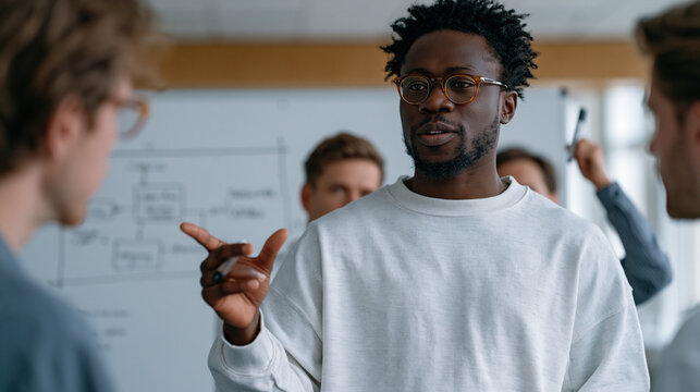 Ghanaian AI safety researcher presents a foundation model architecture diagram on a whiteboard to a small team of engineers in a university research lab, one member challenging a