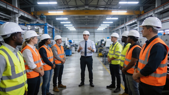 Factory manager briefing industrial workers on the production floor, sharing important operational updates, workplace safety information, and manufacturing objectives.