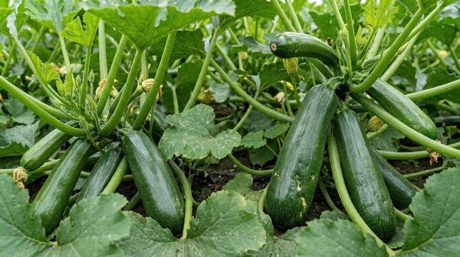 Abundant green zucchini growing on the vine amidst large leaves in a sunny vegetable garden