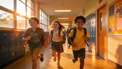 Fototapeta premium Happy school children running through a school hallway on the last day of school, celebrating freedom, friendship, and the beginning of summer vacation.