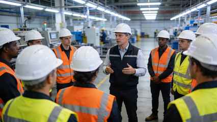 Fototapeta premium Industrial engineers and factory workers attending a manufacturing briefing on a modern production floor, highlighting teamwork, workplace safety, leadership, and advanced industrial operations.