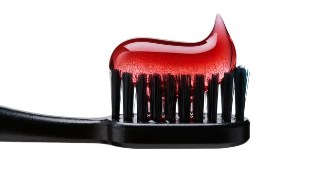 Isolated black toothbrush with vibrant red toothpaste featuring many bubbles for dental hygiene.
