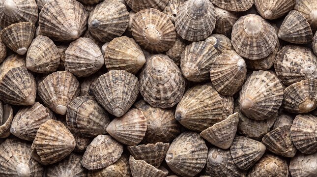 An abundant pile of conical limpet shells with rough textured surfaces and intricate concentric ring patterns in muted earthy tones
