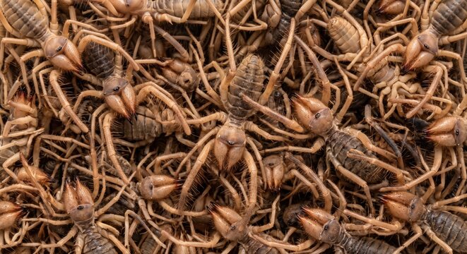 An extreme close-up of a multitude of dried camel spiders or solifugae with their distinctive large chelicerae and hairy legs densely packed together