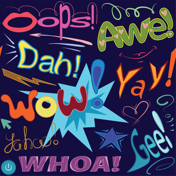 Seamless vector pattern with interjections and exclamations of different colors and fonts, various design elements on a dark background.