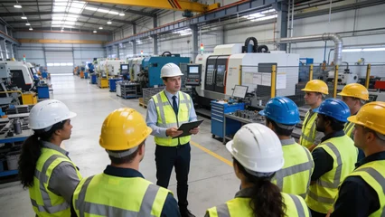 Industrial engineers and factory workers attending a manufacturing briefing on a modern production floor, highlighting teamwork, workplace safety, leadership, and advanced industrial operations. © Curioso.Photography