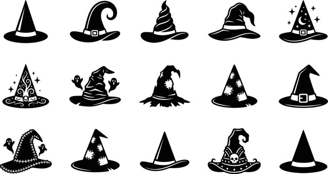 Collection of 14 unique black witch hats for halloween decorations and designs