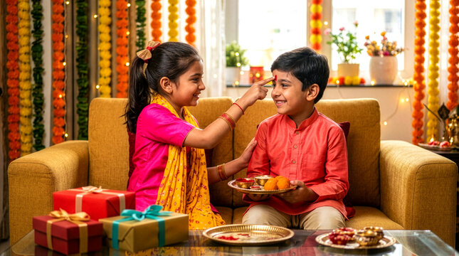 Indian Sister Applying Tilak on Brother's Forehead During Raksha Bandhan Celebration at Home