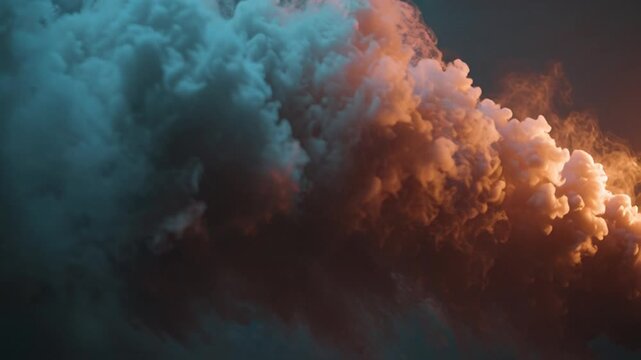 Smoke clouds in contrasting blue and orange hues against dark background