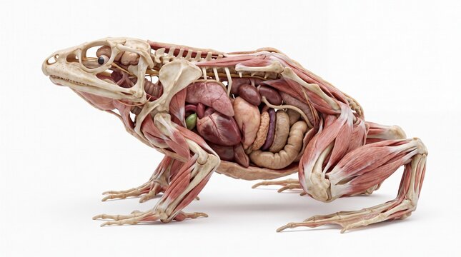 Anatomical model of a frog revealing its skeleton musculature and internal organs in a side view on a white background for scientific study