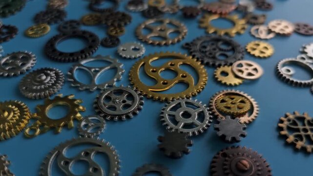 Gears and cogs arranged on a blue surface showing different sizes and colors in close up