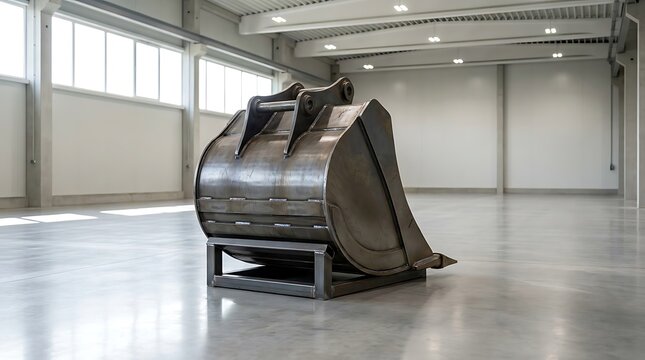 Industrial heavy duty escavator bucket in a clean warehouse with soft natural light and high-detail metallic textures for commercial stock photography.