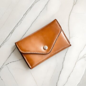 Leather wallet on white marble flat lay