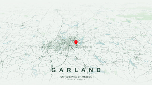 Modern minimalist vector map of Garland, Texas. High-quality scalable illustration of Garland city grid, Lake Ray Hubbardfront beachfront  for posters design.