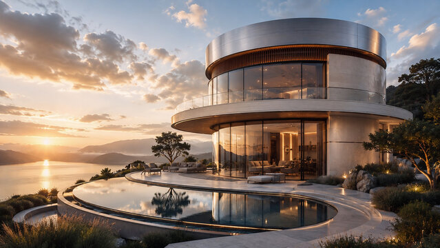 Modern circular luxury villa with custom infinity swimming pool overlooking a coastal ocean landscape at sunset