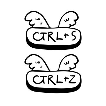 Cute keyboard shortcut buttons with angel wings representing automatic save and undo actions. Funny productivity and workflow concept featuring Ctrl+S and Ctrl+Z. Hand drawn doodle vector.
