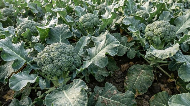Close-up of broccoli florets with large green leaves growing in a field of rich dark soil vegetable