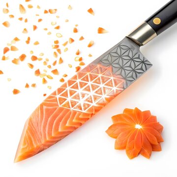 Artistic damascus steel knife with geometric etching cutting fresh salmon fillet into flower shape culinary arts japanese cui
