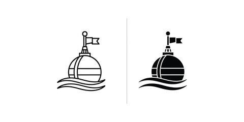 Set of nautical buoy icons with flag on waves in outline and solid black style for maritime navigation © MD