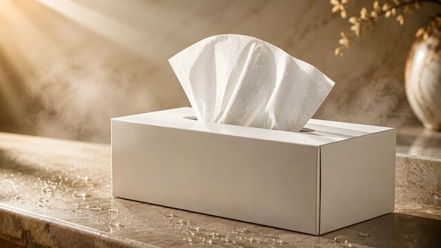 Blank white tissue box mockup on a bathroom counter with steam and water droplets