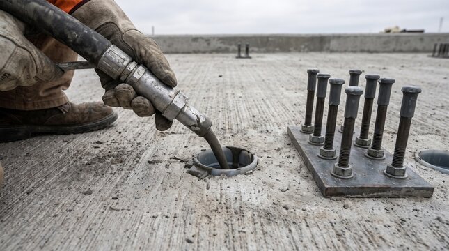 Close-up of a construction worker grouting anchor bolts into a concrete foundation. This industrial process ensures strong, stable connections for heavy structures 