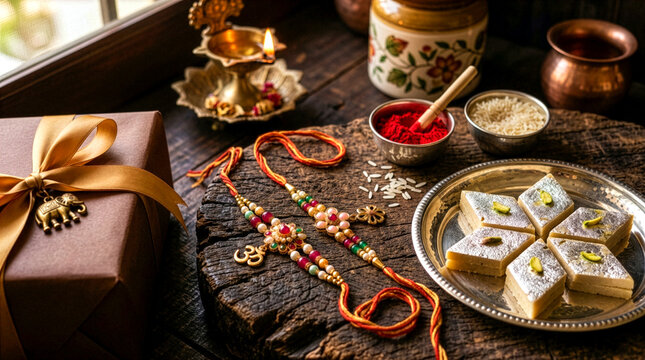 Traditional Rakhi Threads with Kaju Katli Sweets, Pooja Thali, and Gift Box for Raksha Bandhan