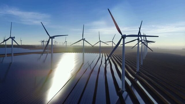 Wind turbines rotating under bright blue sky, solar panels reflecting sunlight, sustainable energy concept, aerial drone shot, ultra realistic, 4K cinematic stock footage.