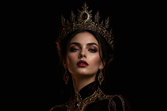 A beautiful woman wearing an elaborate golden crown and regal attire is posing against a black background.