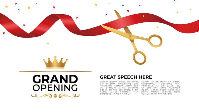 Grand opening event banner with gold scissors cutting a red ribbon and colorful confetti for a celebration or business launch Vector