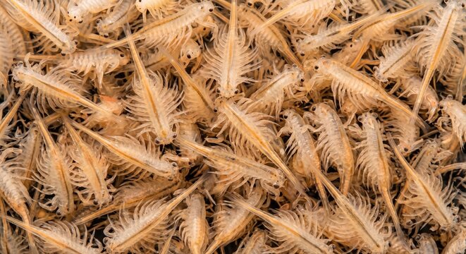 Extreme close-up of a multitude of tiny brine shrimp swimming in a dense cluster, showcasing their delicate translucent bodies and antennae