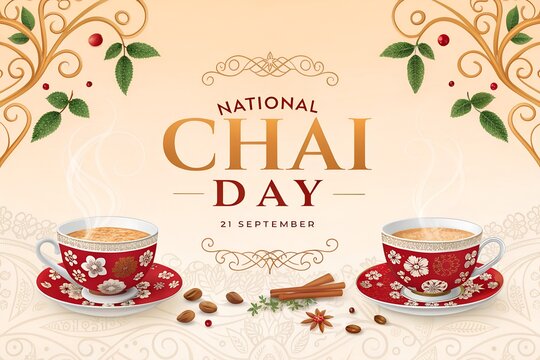 National chai day celebration poster featuring two elegant red porcelain teacups filled with steaming spiced milk tea surrounded by cinnamon sticks and coffee beans on a decorative beige background de