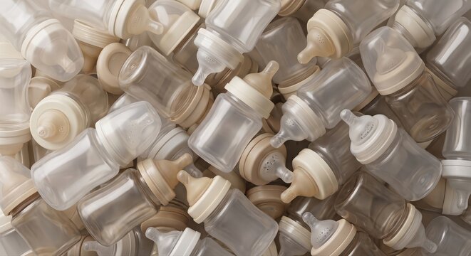 Large pile of empty baby bottles with various nipple types and sizes creating a textured background