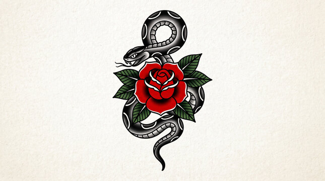 Traditional tattoo style illustration of a black snake coiled around a vibrant red rose with green leaves on a light background.