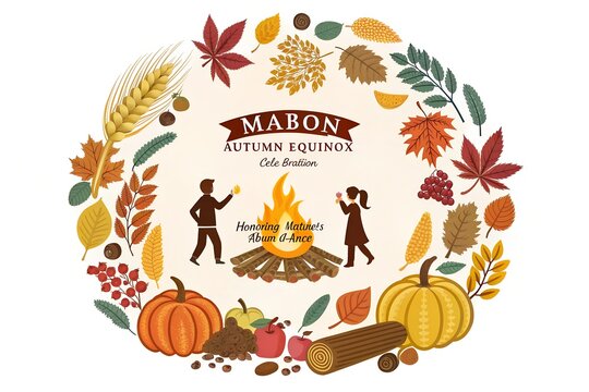 Mabon autumn equinox celebration design featuring a bright campfire surrounded by colorful fall foliage leaves pumpkins wheat stalks and festive seasonal harvest elements arranged in a beautiful circu