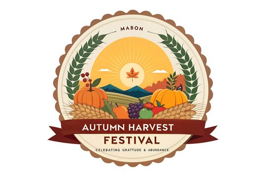 Mabon autumn harvest festival emblem featuring vibrant orange pumpkins golden wheat stalks ripe grapes and seasonal fruits set against a warm glowing sun within a circular decorative badge graphic des