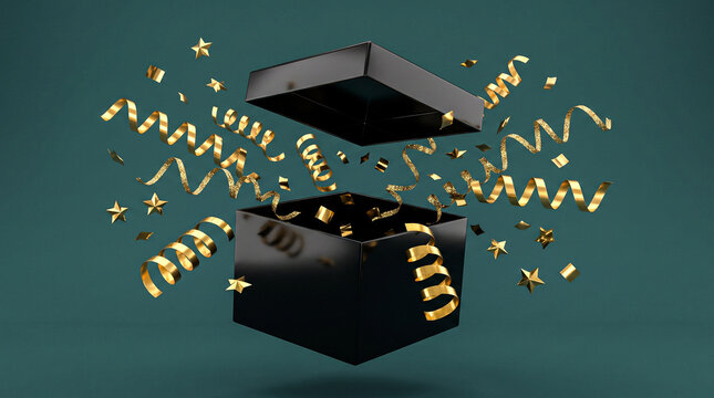 An open black gift box with golden confetti, stars, and ribbons exploding out against a dark teal background, symbolizing celebration and surprise.
