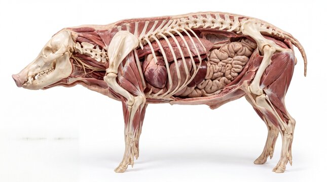 Realistic anatomical dissection of a pig revealing its internal organs skeleton and musculature for scientific and educational purposes