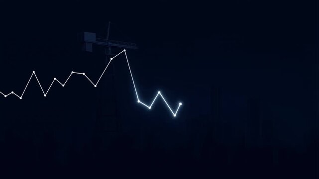 A glowing blue neon graph fluctuates across a dark cityscape silhouette with a construction crane, symbolizing financial trends and urban development in a dynamic night scene.
