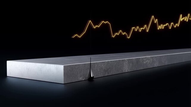 A glowing orange line graph floats over a stone platform in a dark environment. A black marker traces along the surface, synchronized with the fluctuating data points of the moving chart.