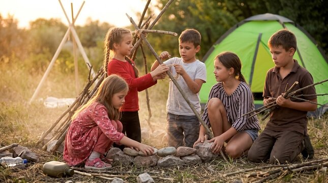 Group of Friends enjoying happy time at a summer camp. 