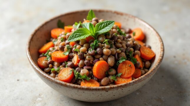 Ensalada de lentejas mediterr&aacute;nea con zanahorias asadas, perejil, menta, cebolla roja y vinagreta de lim&oacute;n