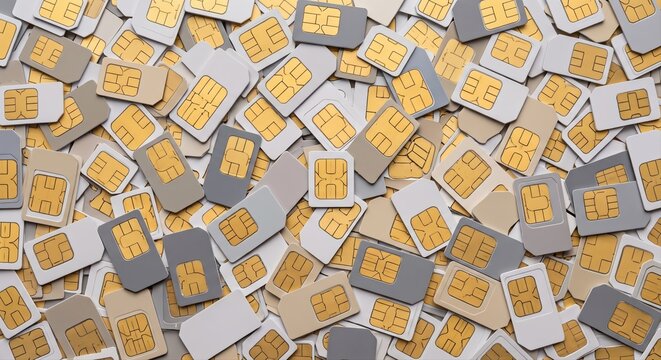 Scattered collection of various SIM cards with gold contacts, viewed from directly above mobile phone