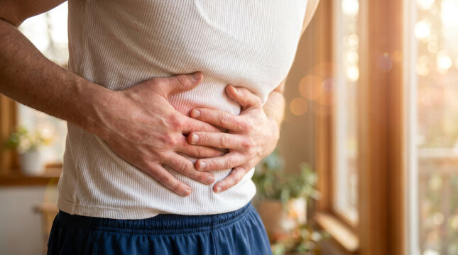 Stomach ache and abdominal pain, man holding his sore belly in discomfort, digestive health issues and medical concept
