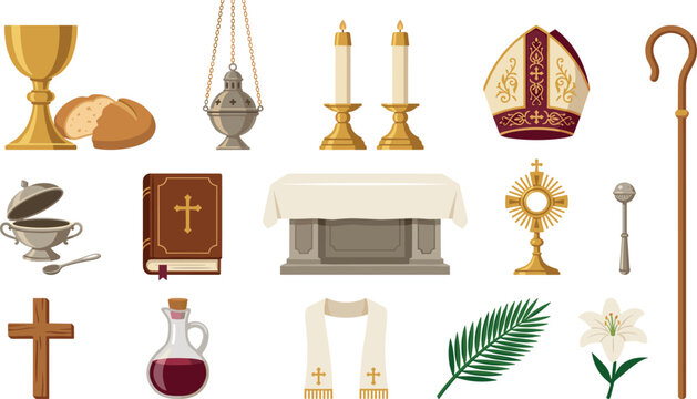 Christian Church Liturgy Elements Collection with Chalice, Altar, Cross, Bible, Bishop Mitre, Censer, Candles, and Sacred Ceremony Vector Set
