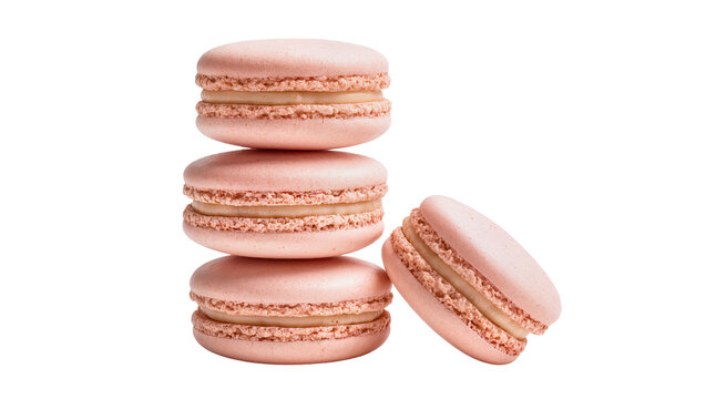 Isolated sweet stack of delicate pink macarons with creamy filling and a single leaning French pastry.