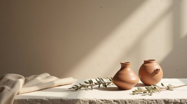 Tablero de mesa de piedra con cer&aacute;mica artesanal, textiles de lino tejido y ramas de olivo secas