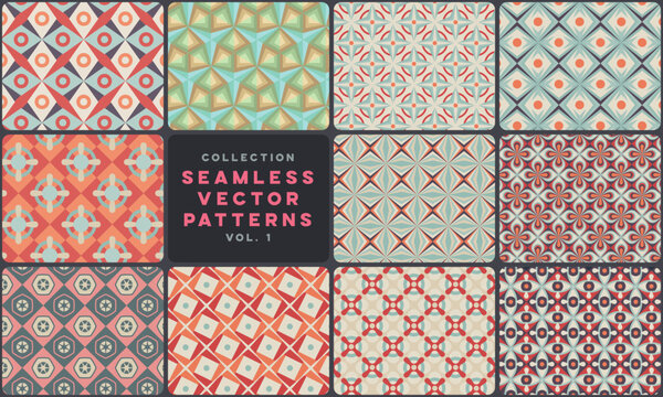 Collection of retro geometric seamless vector patterns set
