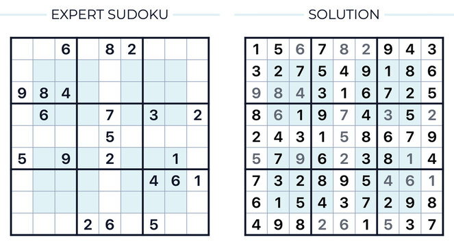 Hyper sudoku puzzle expert level with solution, white background, logic game for adults only